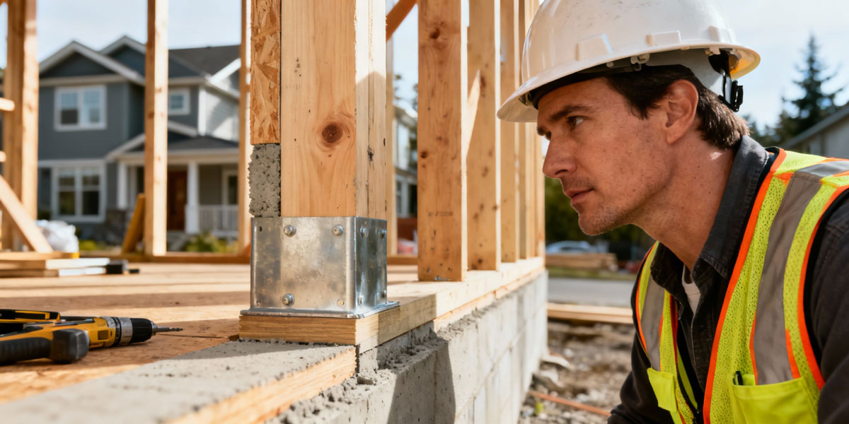 Contractor inspecting construction materials and workmanship during a Vancouver residential project.