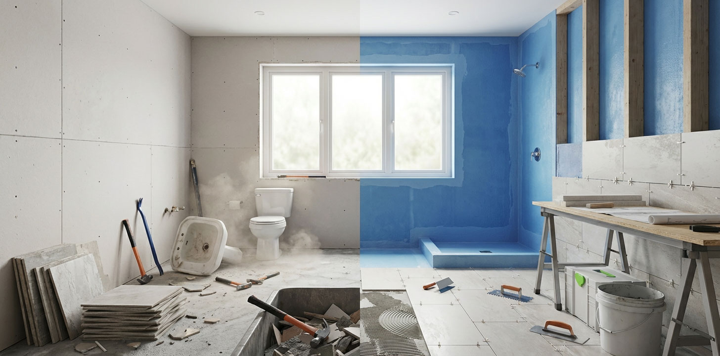 Bathroom renovation stages from demolition to tiling and waterproofing