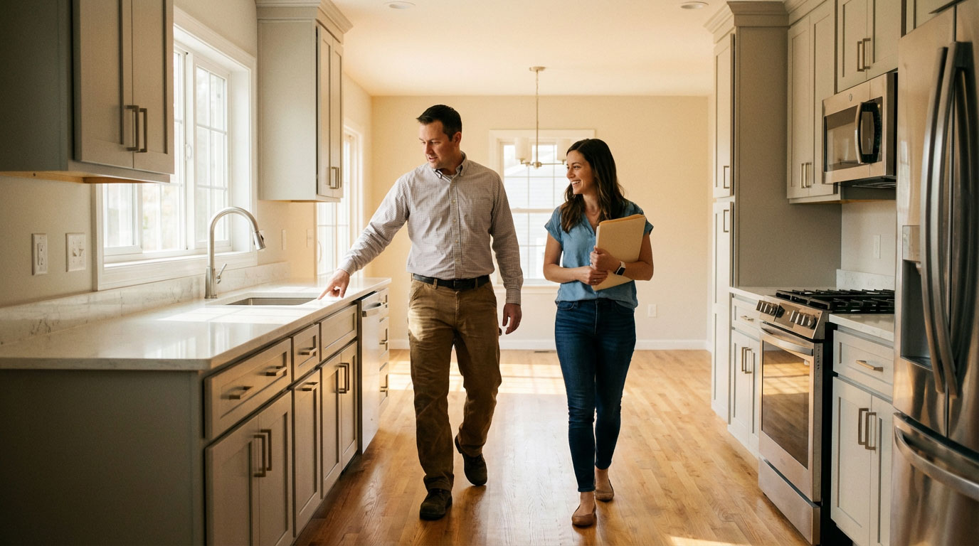 Homeowner and general contractor reviewing a completed home renovation