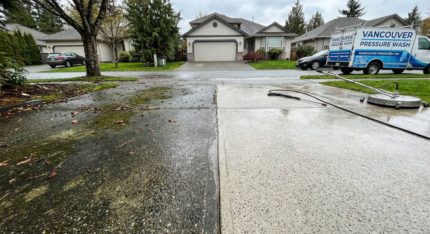 Before and after residential pressure washing on a Vancouver driveway