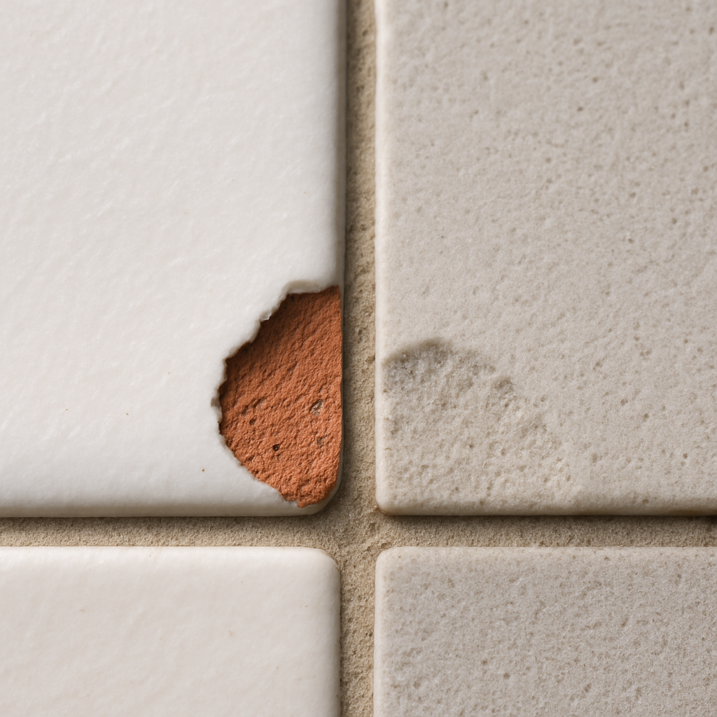 A close-up shot showing two chipped tiles. The left tile is ceramic, revealing a reddish-brown clay body beneath the white glaze. The right tile is a through-body porcelain, showing the chip is the same color and texture as the surface