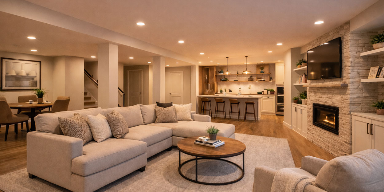 Modern basement converted into a comfortable and practical living area