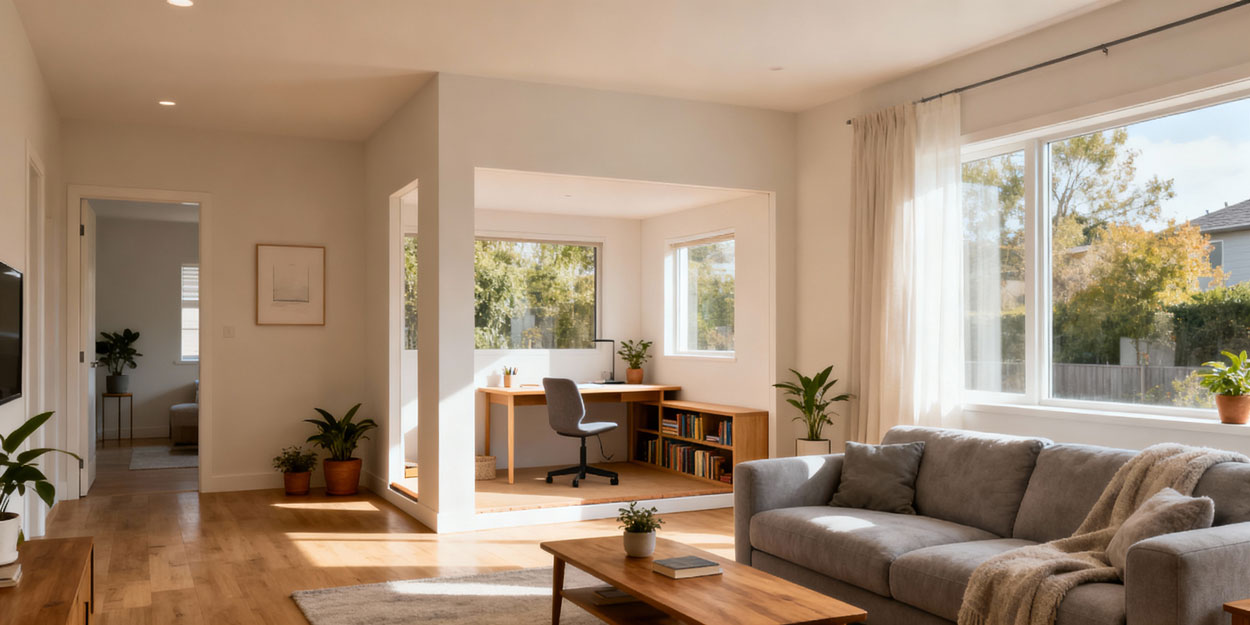 Bright interior showing a seamless transition into an added living area, suggesting the outcome of a home addition decision.