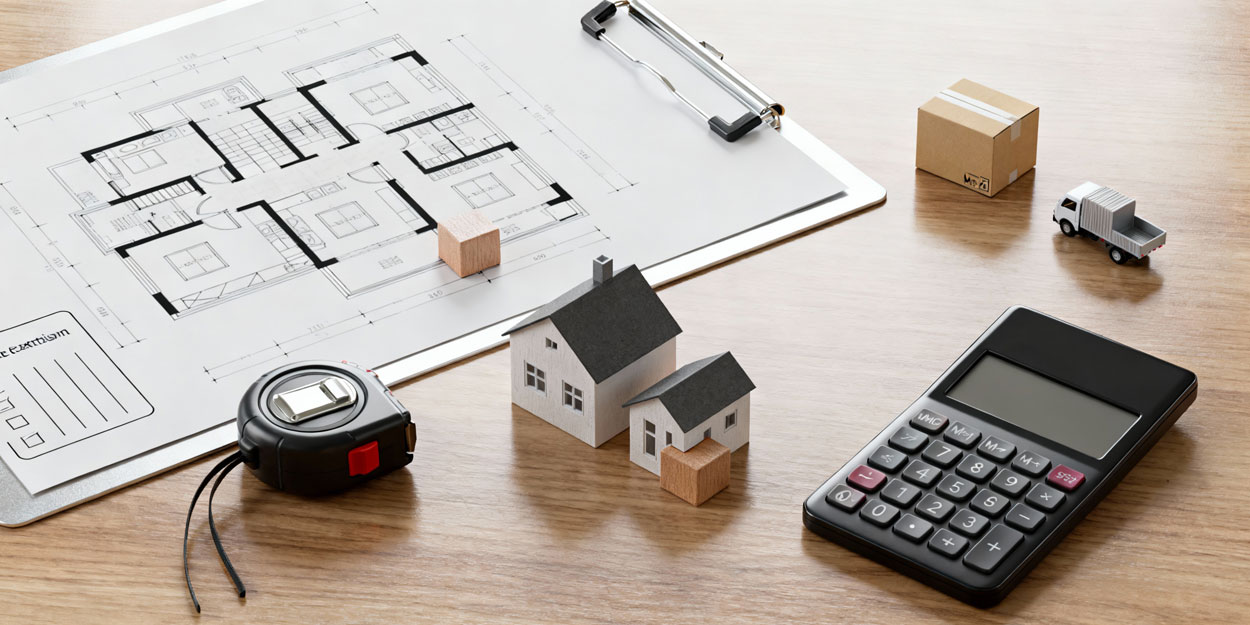 Desk flat-lay with a floor plan, checklist, calculator, and icons representing home addition versus moving.