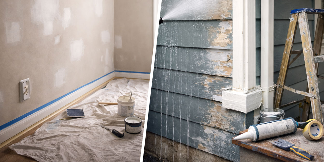 Interior and exterior paint preparation showing drywall repair indoors and surface prep on home exterior