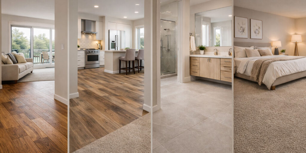 Different types of flooring used throughout a modern home interior