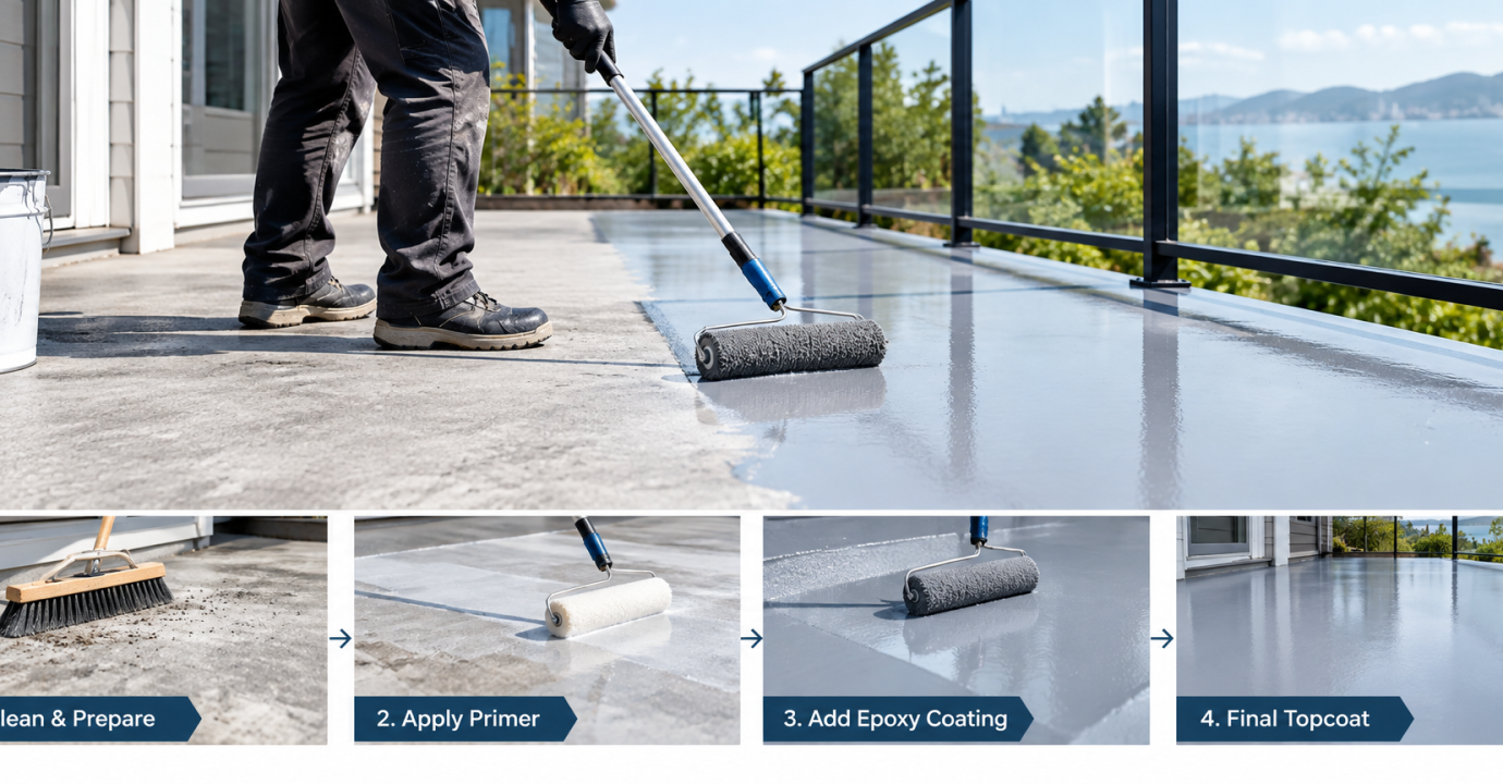 Illustration of epoxy deck waterproofing preparation, primer, coating and topcoat stages