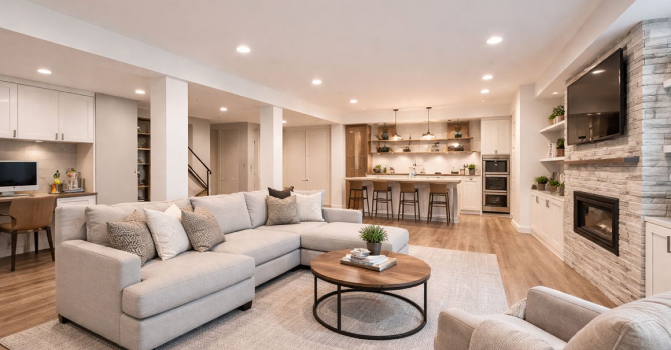 Finished basement renovation with open layout and comfortable living space design