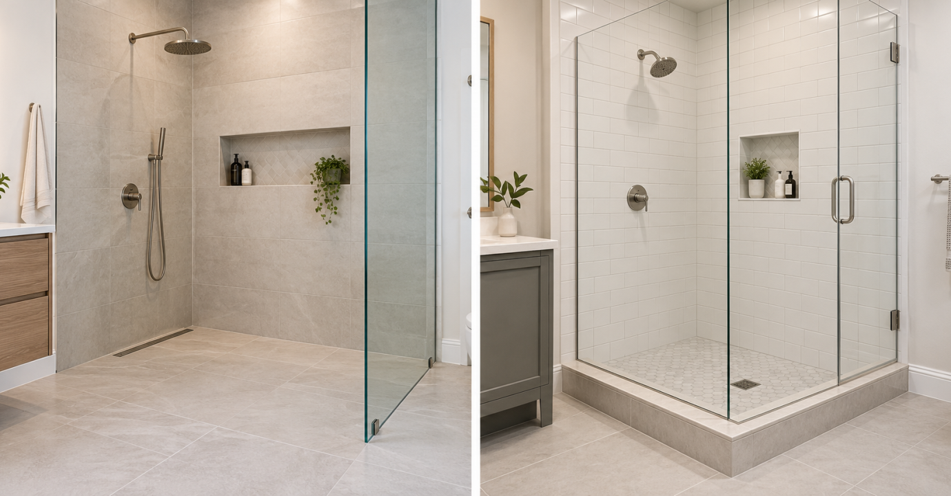 What is the real difference between a curbless and curbed shower - vanreno GC Bathroom Renovation Vancouver
