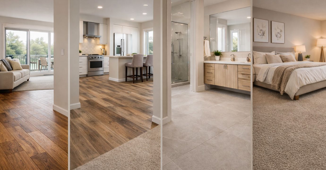 Different types of flooring used throughout a modern home interior