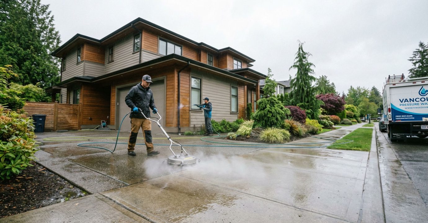 Residential pressure washing service cleaning a Vancouver home exterior